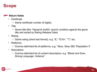 14
Scope
Return fields
• Certificate
• Game certificate number (5 digits)
• Title
• Game title (like ‘%[search text]%’ search condition against the game
title and sorted by Rating Release Date)
• Rating
• Game rating (short text format), e.g. “E,” “E10+,” “T,” etc.
• Platforms
• Comma delimited list of platforms, e.g. “Xbox, Xbox 360, Playstation 3”
• Descriptors
• Comma delimited list of content descriptors, e.g. “Blood and Gore,
Strong Language, Violence”
 