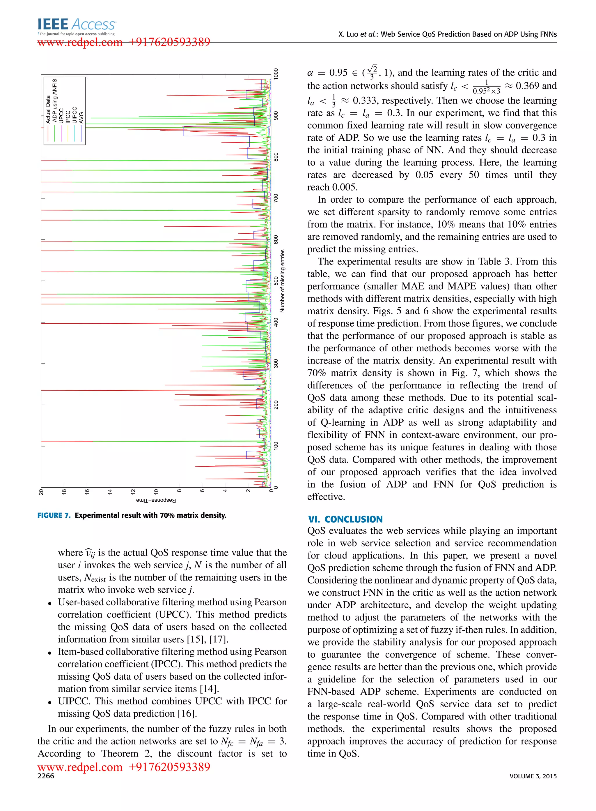 X. Luo et al.: Web Service QoS Prediction Based on ADP Using FNNs FIGURE 7. Experimental result with 70% matrix density. where νij is the actual QoS response time value that the user i invokes the web service j, N is the number of all users, Nexist is the number of the remaining users in the matrix who invoke web service j. • User-based collaborative ﬁltering method using Pearson correlation coefﬁcient (UPCC). This method predicts the missing QoS data of users based on the collected information from similar users [15], [17]. • Item-based collaborative ﬁltering method using Pearson correlation coefﬁcient (IPCC). This method predicts the missing QoS data of users based on the collected infor- mation from similar service items [14]. • UIPCC. This method combines UPCC with IPCC for missing QoS data prediction [16]. In our experiments, the number of the fuzzy rules in both the critic and the action networks are set to Nfc = Nfa = 3. According to Theorem 2, the discount factor is set to α = 0.95 ∈ ( √ 2 3 , 1), and the learning rates of the critic and the action networks should satisfy lc < 1 0.952×3 ≈ 0.369 and la < 1 3 ≈ 0.333, respectively. Then we choose the learning rate as lc = la = 0.3. In our experiment, we ﬁnd that this common ﬁxed learning rate will result in slow convergence rate of ADP. So we use the learning rates lc = la = 0.3 in the initial training phase of NN. And they should decrease to a value during the learning process. Here, the learning rates are decreased by 0.05 every 50 times until they reach 0.005. In order to compare the performance of each approach, we set different sparsity to randomly remove some entries from the matrix. For instance, 10% means that 10% entries are removed randomly, and the remaining entries are used to predict the missing entries. The experimental results are show in Table 3. From this table, we can ﬁnd that our proposed approach has better performance (smaller MAE and MAPE values) than other methods with different matrix densities, especially with high matrix density. Figs. 5 and 6 show the experimental results of response time prediction. From those ﬁgures, we conclude that the performance of our proposed approach is stable as the performance of other methods becomes worse with the increase of the matrix density. An experimental result with 70% matrix density is shown in Fig. 7, which shows the differences of the performance in reﬂecting the trend of QoS data among these methods. Due to its potential scal- ability of the adaptive critic designs and the intuitiveness of Q-learning in ADP as well as strong adaptability and ﬂexibility of FNN in context-aware environment, our pro- posed scheme has its unique features in dealing with those QoS data. Compared with other methods, the improvement of our proposed approach veriﬁes that the idea involved in the fusion of ADP and FNN for QoS prediction is effective. VI. CONCLUSION QoS evaluates the web services while playing an important role in web service selection and service recommendation for cloud applications. In this paper, we present a novel QoS prediction scheme through the fusion of FNN and ADP. Considering the nonlinear and dynamic property of QoS data, we construct FNN in the critic as well as the action network under ADP architecture, and develop the weight updating method to adjust the parameters of the networks with the purpose of optimizing a set of fuzzy if-then rules. In addition, we provide the stability analysis for our proposed approach to guarantee the convergence of scheme. These conver- gence results are better than the previous one, which provide a guideline for the selection of parameters used in our FNN-based ADP scheme. Experiments are conducted on a large-scale real-world QoS service data set to predict the response time in QoS. Compared with other traditional methods, the experimental results shows the proposed approach improves the accuracy of prediction for response time in QoS. 2266 VOLUME 3, 2015 www.redpel.com +917620593389 www.redpel.com +917620593389 