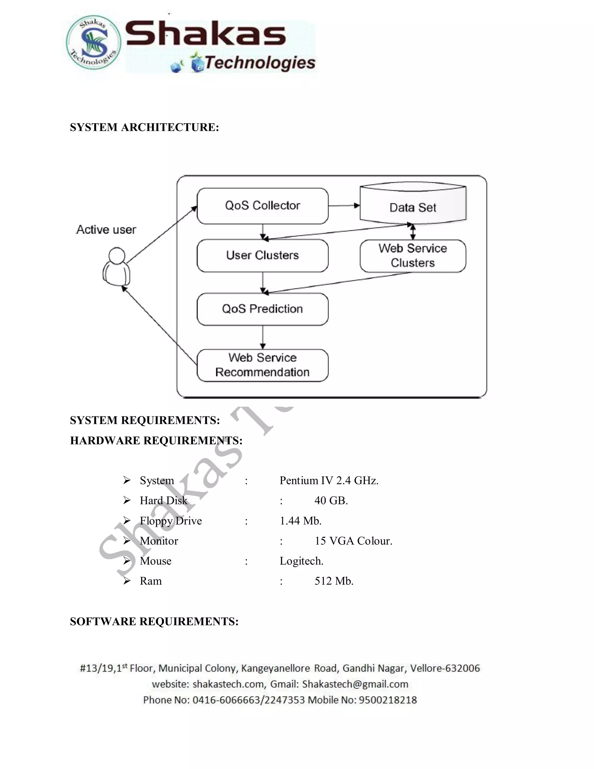 SYSTEM ARCHITECTURE:
SYSTEM REQUIREMENTS:
HARDWARE REQUIREMENTS:
 System : Pentium IV 2.4 GHz.
 Hard Disk : 40 GB.
 Floppy Drive : 1.44 Mb.
 Monitor : 15 VGA Colour.
 Mouse : Logitech.
 Ram : 512 Mb.
SOFTWARE REQUIREMENTS:
 