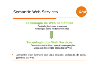 Semantic Web Services

            Tecnologia da Web Semântica
                      Dados legíveis para a máquina
                    Ontologias como modelos de dados




             Tecnologia dos Web Services
                Descoberta automática, seleção e composição
                  Execução de serviços baseados na Web


•    Semantic Web Services são uma solução integrada da nova
     geração da Web.
 