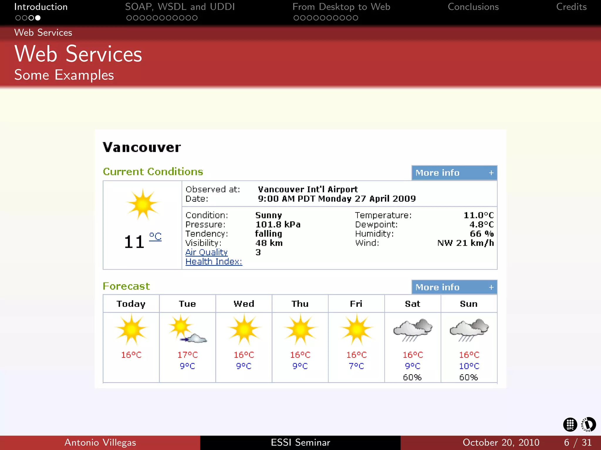 Introduction            SOAP, WSDL and UDDI       From Desktop to Web   Conclusions           Credits

Web Services

Web Services
Some Examples




           Antonio Villegas                   ESSI Seminar                 October 20, 2010    6 / 31
 
