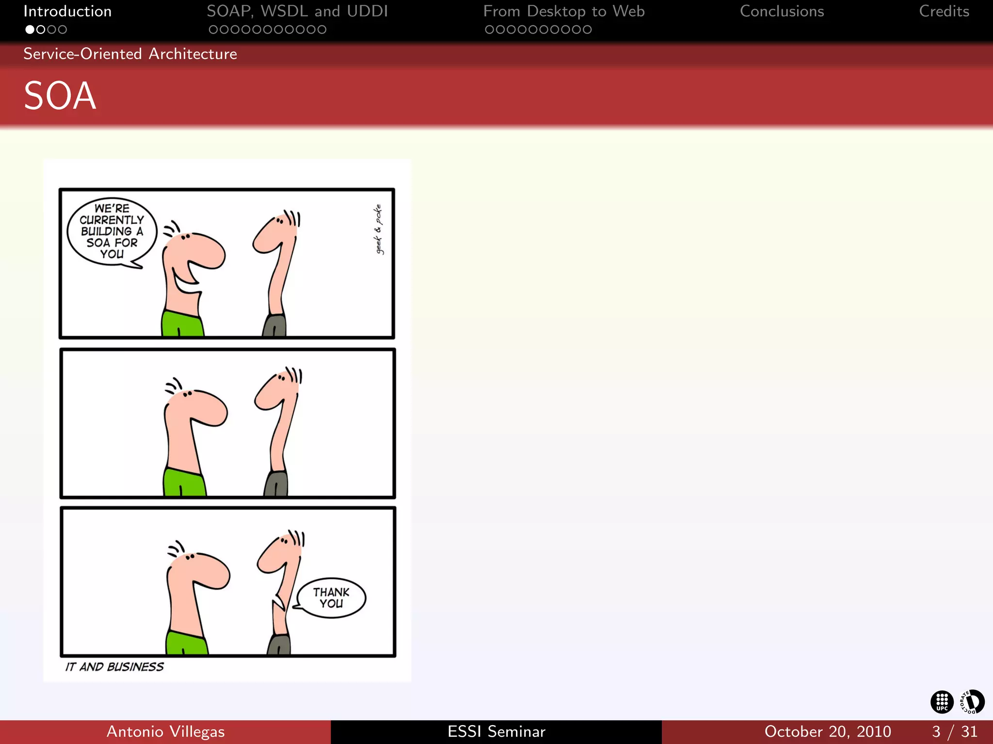 Introduction            SOAP, WSDL and UDDI       From Desktop to Web   Conclusions           Credits

Service-Oriented Architecture


SOA




           Antonio Villegas                   ESSI Seminar                 October 20, 2010    3 / 31
 