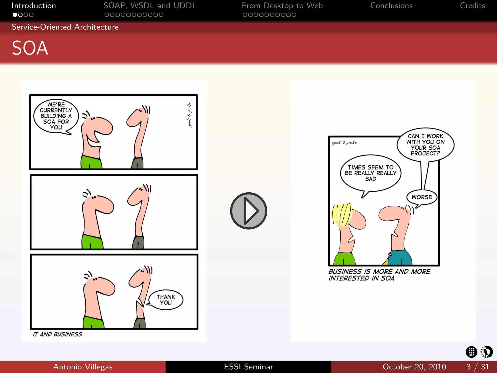 Introduction            SOAP, WSDL and UDDI       From Desktop to Web   Conclusions           Credits

Service-Oriented Architecture


SOA




           Antonio Villegas                   ESSI Seminar                 October 20, 2010    3 / 31
 