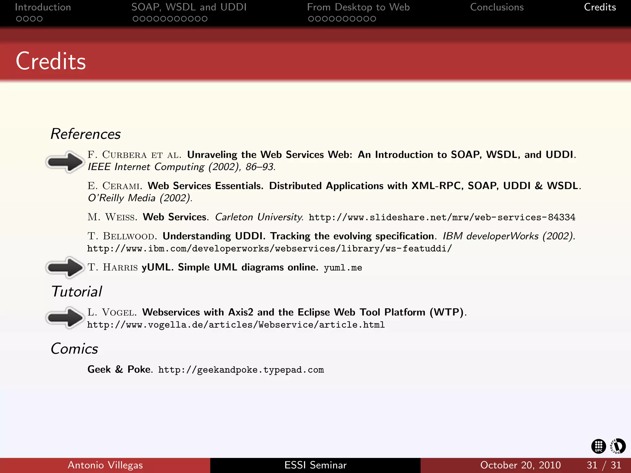 Introduction            SOAP, WSDL and UDDI              From Desktop to Web               Conclusions           Credits




Credits

       References
               F. Curbera et al. Unraveling the Web Services Web: An Introduction to SOAP, WSDL, and UDDI.
               IEEE Internet Computing (2002), 86–93.
               E. Cerami. Web Services Essentials. Distributed Applications with XML-RPC, SOAP, UDDI & WSDL.
               O’Reilly Media (2002).
               M. Weiss. Web Services. Carleton University. http://www.slideshare.net/mrw/web-services-84334
               T. Bellwood. Understanding UDDI. Tracking the evolving speciﬁcation. IBM developerWorks (2002).
               http://www.ibm.com/developerworks/webservices/library/ws-featuddi/
               T. Harris yUML. Simple UML diagrams online. yuml.me

       Tutorial
               L. Vogel. Webservices with Axis2 and the Eclipse Web Tool Platform (WTP).
               http://www.vogella.de/articles/Webservice/article.html

       Comics
               Geek & Poke. http://geekandpoke.typepad.com




           Antonio Villegas                          ESSI Seminar                            October 20, 2010    31 / 31
 