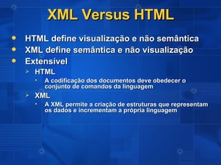 XML Versus HTML HTML define visualização e não semântica XML define semântica e não visualização Extensível HTML  A codificação dos documentos deve obedecer o conjunto de comandos da linguagem XML A XML permite a criação de estruturas que representam os dados e incrementam a própria linguagem 