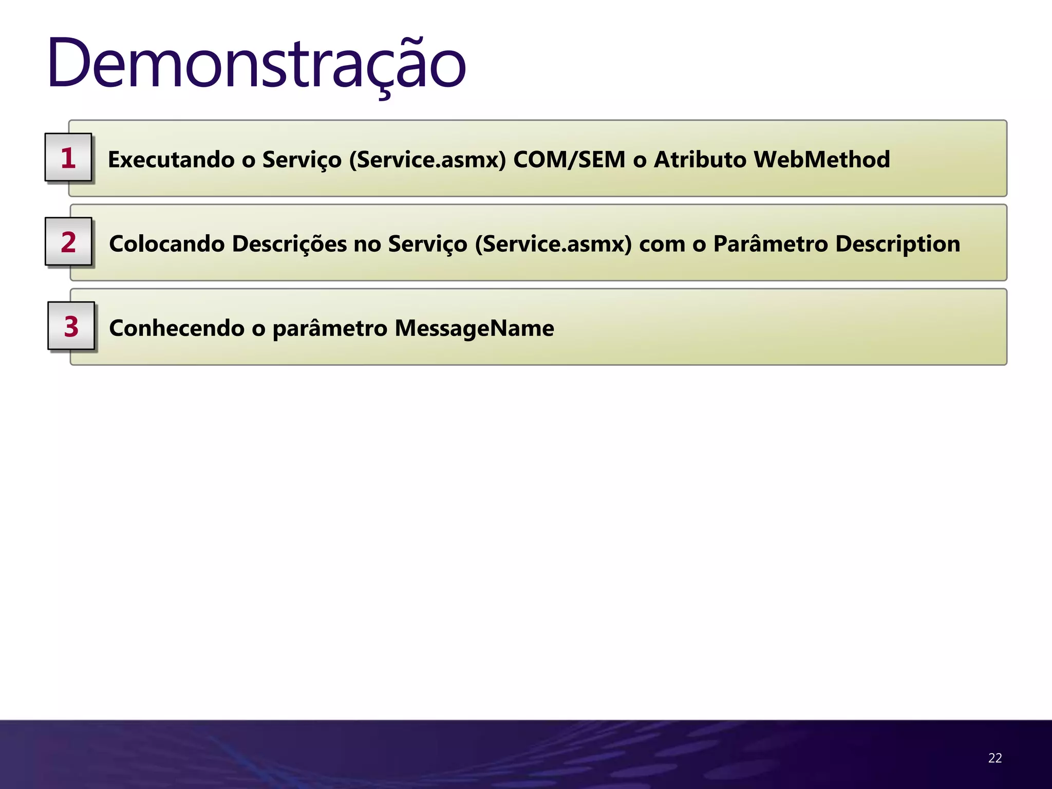 Demonstração 1 Executando o Serviço (Service.asmx) COM/SEM o Atributo WebMethod 2 Colocando Descrições no Serviço (Service.asmx) com o Parâmetro Description 3 Conhecendo o parâmetro MessageName 22 
