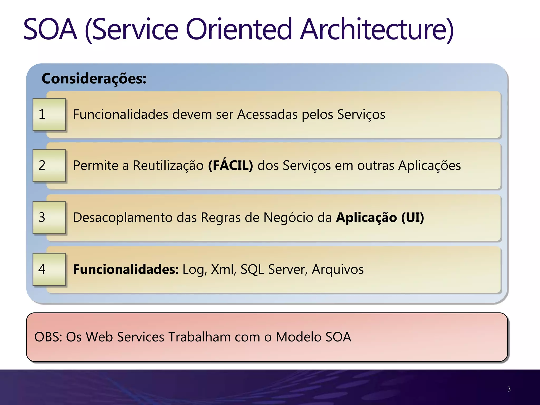 SOA (Service Oriented Architecture) Considerações: 1 Funcionalidades devem ser Acessadas pelos Serviços 2 Permite a Reutilização (FÁCIL) dos Serviços em outras Aplicações 3 Desacoplamento das Regras de Negócio da Aplicação (UI) 4 Funcionalidades: Log, Xml, SQL Server, Arquivos OBS: Os Web Services Trabalham com o Modelo SOA 3 