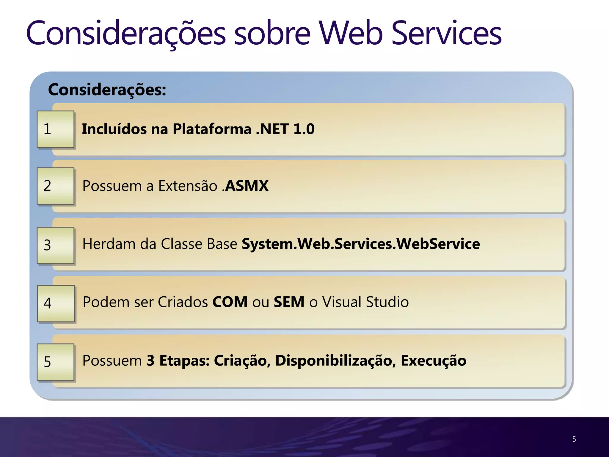 Considerações sobre Web Services Considerações: 1 Incluídos na Plataforma .NET 1.0 2 Possuem a Extensão .ASMX 3 Herdam da Classe Base System.Web.Services.WebService 4 Podem ser Criados COM ou SEM o Visual Studio 5 Possuem 3 Etapas: Criação, Disponibilização, Execução 5 