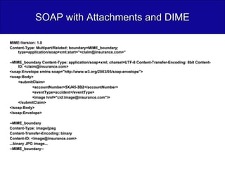 SOAP with Attachments and DIME MIME-Version: 1.0  Content-Type: Multipart/Related; boundary=MIME_boundary; type=application/soap+xml;start="<claim@insurance.com>"  --MIME_boundary Content-Type: application/soap+xml; charset=UTF-8 Content-Transfer-Encoding: 8bit Content-ID: <claim@insurance.com>  <soap:Envelope xmlns:soap="http://www.w3.org/2003/05/soap-envelope">  <soap:Body>  <submitClaim>  <accountNumber>5XJ45-3B2</accountNumber>  <eventType>accident</eventType>  <image href="cid:image@insurance.com"/>  </submitClaim>  </soap:Body>  </soap:Envelope>  --MIME_boundary  Content-Type: image/jpeg  Content-Transfer-Encoding: binary  Content-ID: <image@insurance.com>  ...binary JPG image...  --MIME_boundary-- 