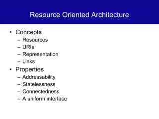 Resource Oriented Architecture Concepts Resources URIs Representation Links Properties Addressability Statelessness Connectedness A uniform interface 