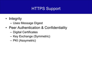 HTTPS Support Integrity Uses Message Digest Peer Authentication & Confidentiality Digital Certificates Key Exchange (Symmetric) PKI (Assymetric) 