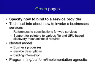 Green  pages Specify how to bind to a service provider Technical info about how to invoke a businesses services References to specifications for web services Support for pointers to various file and URL-based discovery mechanisms if required Nested model Business processes Service descriptions Binding information Programming/platform/implementation agnostic 