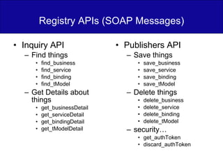 Registry APIs (SOAP Messages) Inquiry API Find things find_business find_service find_binding find_tModel Get Details about things get_businessDetail get_serviceDetail get_bindingDetail get_tModelDetail Publishers API Save things save_business save_service save_binding save_tModel Delete things delete_business delete_service delete_binding delete_tModel security… get_authToken discard_authToken 