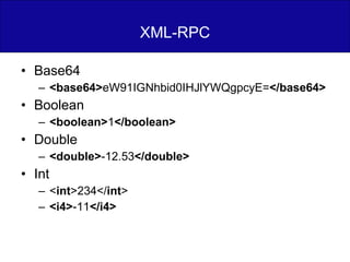XML-RPC Base64 <base64> eW91IGNhbid0IHJlYWQgpcyE= </base64> Boolean <boolean> 1 </boolean> Double <double> -12.53 </double> Int < int >234</ int > <i4> -11 </i4> 