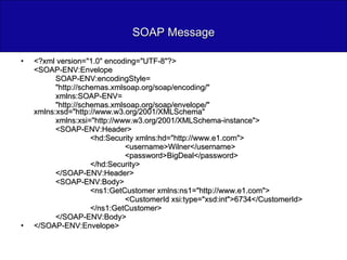 SOAP Message <?xml version="1.0" encoding="UTF-8"?> <SOAP-ENV:Envelope  SOAP-ENV:encodingStyle= "http://schemas.xmlsoap.org/soap/encoding/"  xmlns:SOAP-ENV= "http://schemas.xmlsoap.org/soap/envelope/"  xmlns:xsd="http://www.w3.org/2001/XMLSchema"  xmlns:xsi="http://www.w3.org/2001/XMLSchema-instance">  <SOAP-ENV:Header> <hd:Security xmlns:hd="http://www.e1.com"> <username>Wilner</username> <password>BigDeal</password> </hd:Security> </SOAP-ENV:Header> <SOAP-ENV:Body> <ns1:GetCustomer xmlns:ns1="http://www.e1.com">   <CustomerId xsi:type="xsd:int">6734</CustomerId> </ns1:GetCustomer> </SOAP-ENV:Body> </SOAP-ENV:Envelope> 