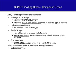 SOAP Encoding Rules - Compound Types Array – ordinal position is the distinction Homogeneous Arrays xsi:type=“SOAP-ENC:Array” Attribute  SOAP-ENC:arrayType  used to declare type of objects Heterogeneous Arrays To encode – use xsd:ur-type  Partial Arrays xsi:null is used to encode null elements SOAP-ENC:offset  attribute represents ordinal position of first element. Sparse Arrays SOAP-ENC:position  for each element of the array Struct – accessor name is distinction among members xsd:complexType 