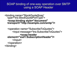 SOAP binding of one-way operation over SMTP using a SOAP Header <binding name="StockQuoteSoap“  type="tns:StockQuotePortType">  <soap:binding style="document" transport="http://example.com/smtp"/>   <operation name="SubscribeToQuotes">  <input message="tns:SubscribeToQuotes">  <soap:header  element="xsd1:SubscriptionHeader"/>   </input>  </operation>  </binding> 