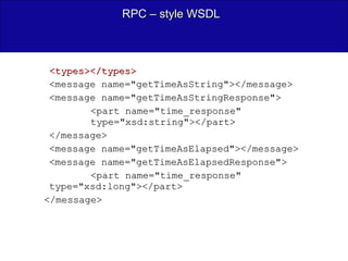 RPC – style WSDL <types></types>  <message name="getTimeAsString"></message>  <message name="getTimeAsStringResponse">  <part name="time_response"  type="xsd:string"></part>  </message>  <message name="getTimeAsElapsed"></message>  <message name="getTimeAsElapsedResponse">  <part name="time_response"  type="xsd:long"></part>  </message> 