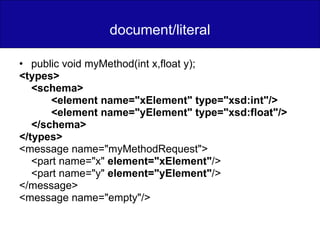 document/literal public void myMethod(int x,float y); <types> <schema> <element name="xElement" type="xsd:int"/> <element name="yElement" type="xsd:float"/> </schema> </types> <message name="myMethodRequest"> <part name="x"  element="xElement" /> <part name="y"  element="yElement" /> </message> <message name="empty"/> 