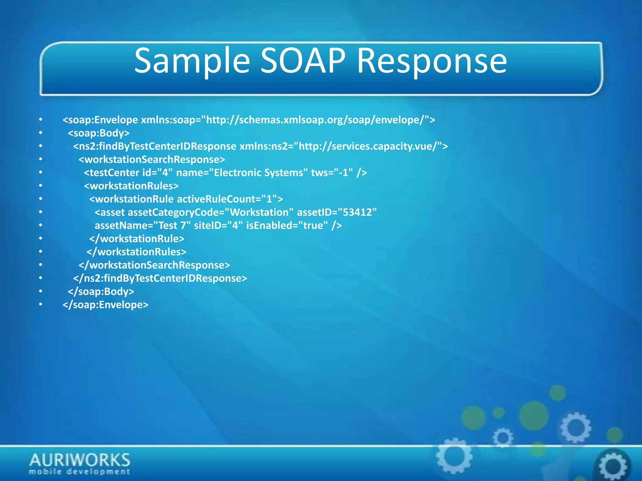 Sample SOAP Response
• <soap:Envelope xmlns:soap="http://schemas.xmlsoap.org/soap/envelope/">
• <soap:Body>
• <ns2:findByTestCenterIDResponse xmlns:ns2="http://services.capacity.vue/">
• <workstationSearchResponse>
• <testCenter id="4" name="Electronic Systems" tws="-1" />
• <workstationRules>
• <workstationRule activeRuleCount="1">
• <asset assetCategoryCode="Workstation" assetID="53412"
• assetName="Test 7" siteID="4" isEnabled="true" />
• </workstationRule>
• </workstationRules>
• </workstationSearchResponse>
• </ns2:findByTestCenterIDResponse>
• </soap:Body>
• </soap:Envelope>
 
