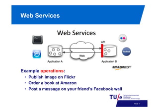 Web Services

Example operations:
•  Publish image on Flickr
•  Order a book at Amazon
•  Post a message on your friend’s Facebook wall

PAGE 14

 