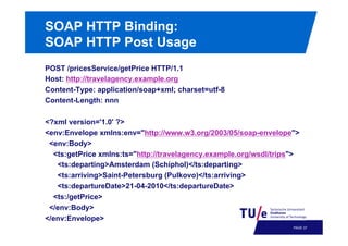 SOAP HTTP Binding:
SOAP HTTP Post Usage
POST /pricesService/getPrice HTTP/1.1
Host: http://travelagency.example.org
Content-Type: application/soap+xml; charset=utf-8
Content-Length: nnn
<?xml version='1.0' ?>
<env:Envelope xmlns:env="http://www.w3.org/2003/05/soap-envelope">
<env:Body>
<ts:getPrice xmlns:ts="http://travelagency.example.org/wsdl/trips">
<ts:departing>Amsterdam (Schiphol)</ts:departing>
<ts:arriving>Saint-Petersburg (Pulkovo)</ts:arriving>
<ts:departureDate>21-04-2010</ts:departureDate>
<ts:/getPrice>
</env:Body>
</env:Envelope>
PAGE 40

 