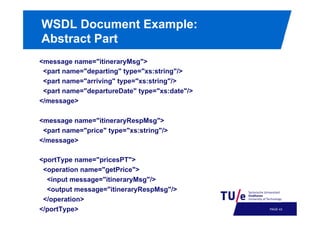 WSDL Document Example:
Abstract Part
<message name="itineraryMsg">
<part name="departing" type="xs:string"/>
<part name="arriving" type="xs:string"/>
<part name="departureDate" type="xs:date"/>
</message>
<message name="itineraryRespMsg">
<part name="price" type="xs:string"/>
</message>
<portType name="pricesPT">
<operation name="getPrice">
<input message="itineraryMsg"/>
<output message="itineraryRespMsg"/>
</operation>
</portType>

PAGE 46

 