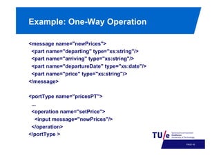 Example: One-Way Operation
<message name="newPrices">
<part name="departing" type="xs:string"/>
<part name="arriving" type="xs:string"/>
<part name="departureDate" type="xs:date"/>
<part name="price" type="xs:string"/>
</message>
<portType name="pricesPT">
...
<operation name="setPrice">
<input message="newPrices"/>
</operation>
</portType >
PAGE 48

 