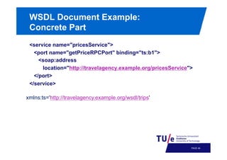 WSDL Document Example:
Concrete Part
<service name="pricesService">
<port name="getPriceRPCPort" binding="ts:b1">
<soap:address
location="http://travelagency.example.org/pricesService">
</port>
</service>
xmlns:ts='http://travelagency.example.org/wsdl/trips'

PAGE 49

 