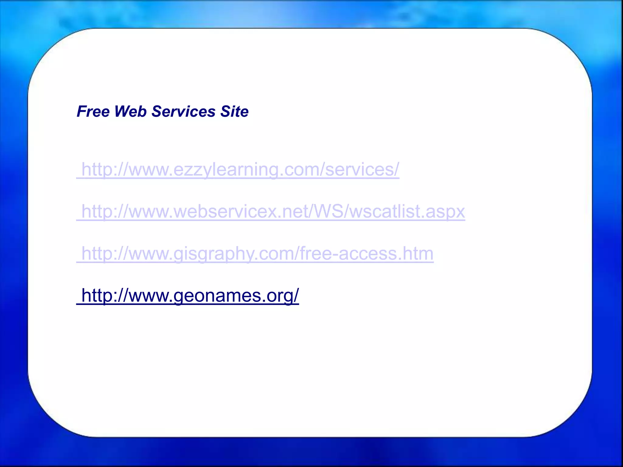 Free Web Services Site
http://www.ezzylearning.com/services/
http://www.webservicex.net/WS/wscatlist.aspx
http://www.gisgraphy.com/free-access.htm
http://www.geonames.org/
 