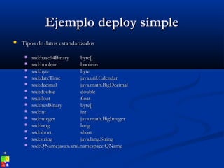 Ejemplo deploy simpleEjemplo deploy simple
 Tipos de datos estandarizadosTipos de datos estandarizados
 xsd:base64Binaryxsd:base64Binary byte[]byte[]
 xsd:booleanxsd:boolean booleanboolean
 xsd:bytexsd:byte bytebyte
 xsd:dateTimexsd:dateTime java.util.Calendarjava.util.Calendar
 xsd:decimalxsd:decimal java.math.BigDecimaljava.math.BigDecimal
 xsd:doublexsd:double doubledouble
 xsd:floatxsd:float floatfloat
 xsd:hexBinaryxsd:hexBinary byte[]byte[]
 xsd:intxsd:int intint
 xsd:integerxsd:integer java.math.BigIntegerjava.math.BigInteger
 xsd:longxsd:long longlong
 xsd:shortxsd:short shortshort
 xsd:stringxsd:string java.lang.Stringjava.lang.String
 xsd:QNamexsd:QNamejavax.xml.namespace.QNamejavax.xml.namespace.QName
 