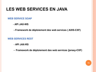LES WEB SERVICES EN JAVA
WEB SERVICE SOAP
- API JAX-WS
- Framework de déploiement des web services ( AXIS-CXF)
WEB SERVICES REST
- API JAX-RS
- Framework de déploiement des web services (jersey-CXF)
11
 