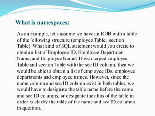 What is namespaces:
As an example, let's assume we have an RDB with a table
of the following structure (employee Table, section
Table). What kind of SQL statement would you create to
obtain a list of Employee ID, Employee Department
Name, and Employee Name? If we merged employee
Table and section Table with the sec ID column, then we
would be able to obtain a list of employee IDs, employee
departments and employee names. However, since the
name column and sec ID column exist in both tables, we
would have to designate the table name before the name
and sec ID columns, or designate the alias of the table in
order to clarify the table of the name and sec ID columns
in question.
 