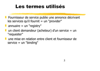 5
Les termes utilisés
❚ Fournisseur de service publie une annonce décrivant
les services qu'il fournit = un "provider"
❚ annuaire = un "registry"
❚ un client demandeur (acheteur) d'un service = un
"requester"
❚ une mise en relation entre client et fournisseur de
service = un "binding"
 