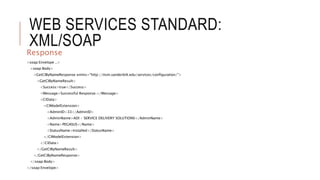 WEB SERVICES STANDARD:
XML/SOAP
Response
<soap:Envelope ..>
<soap:Body>
<GetCIByNameResponse xmlns="http://itsm.vanderbilt.edu/services/configuration/">
<GetCIByNameResult>
<Success>true</Success>
<Message>Successful Response.</Message>
<CIData>
<CIModelExtension>
<AdminID>33</AdminID>
<AdminName>ADI - SERVICE DELIVERY SOLUTIONS</AdminName>
<Name>PEGASUS</Name>
<StatusName>Installed</StatusName>
</CIModelExtension>
</CIData>
</GetCIByNameResult>
</GetCIByNameResponse>
</soap:Body>
</soap:Envelope>
 