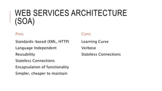 WEB SERVICES ARCHITECTURE
(SOA)
Pros
Standards-based (XML, HTTP)
Language Independent
Reusability
Stateless Connections
Encapsulation of functionality
Simpler, cheaper to maintain
Cons
Learning Curve
Verbose
Stateless Connections
 