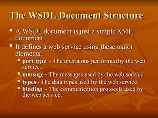The WSDL Document Structure
The WSDL Document Structure

A WSDL document is just a simple XML
A WSDL document is just a simple XML
document.
document.

It defines a web service using these major
It defines a web service using these major
elements:
elements:

port type
port type - The operations performed by the web
- The operations performed by the web
service.
service.

message -
message - The messages used by the web service.
The messages used by the web service.

types -
types - The data types used by the web service.
The data types used by the web service.

binding
binding -
- The communication protocols used by
The communication protocols used by
the web service.
the web service.
 
