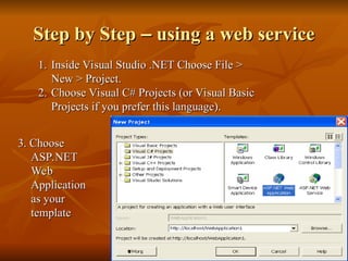 Step by Step
Step by Step –
– using a web service
using a web service
1.
1. Inside Visual Studio .NET Choose File >
Inside Visual Studio .NET Choose File >
New > Project.
New > Project.
2.
2. Choose Visual C# Projects (or Visual Basic
Choose Visual C# Projects (or Visual Basic
Projects if you prefer this language).
Projects if you prefer this language).
3. Choose
3. Choose
ASP.NET
ASP.NET
Web
Web
Application
Application
as your
as your
template
template
 