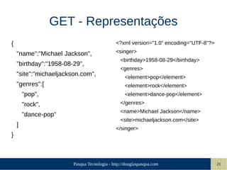 Pasqua Tecnologia - http://douglaspasqua.com 21
GET - Representações
{
"name":"Michael Jackson",
"birthday":"1958-08-29",
"site":"michaeljackson.com",
"genres":[
"pop",
"rock",
"dance-pop"
]
}
<?xml version="1.0" encoding="UTF-8"?>
<singer>
<birthday>1958-08-29</birthday>
<genres>
<element>pop</element>
<element>rock</element>
<element>dance-pop</element>
</genres>
<name>Michael Jackson</name>
<site>michaeljackson.com</site>
</singer>
 