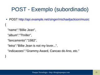 Pasqua Tecnologia - http://douglaspasqua.com 25
POST - Exemplo (subordinado)
● POST http://api.example.net/singer/michaeljackson/music
{
"name":"Billie Jean",
"album":"Thriller",
"lancamento":"1982",
"letra":"Billie Jean is not my lover...",
"indicacoes":"Grammy Award, Cancao do Ano, etc."
}
 