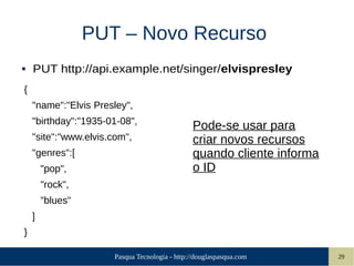 Pasqua Tecnologia - http://douglaspasqua.com 29
PUT – Novo Recurso
● PUT http://api.example.net/singer/elvispresley
{
"name":"Elvis Presley",
"birthday":"1935-01-08",
"site":"www.elvis.com",
"genres":[
"pop",
"rock",
"blues"
]
}
Pode-se usar para
criar novos recursos
quando cliente informa
o ID
 