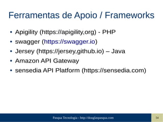Pasqua Tecnologia - http://douglaspasqua.com 54
Ferramentas de Apoio / Frameworks
● Apigility (https://apigility,org) - PHP
● swagger (https://swagger.io)
● Jersey (https://jersey,github.io) – Java
● Amazon API Gateway
● sensedia API Platform (https://sensedia.com)
 