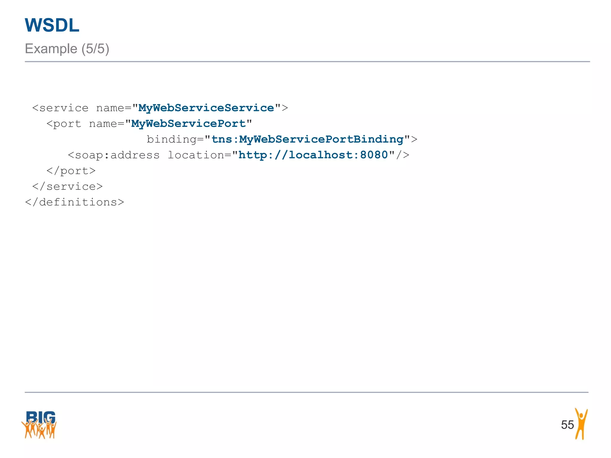 WSDL
Example (5/5)
<service name="MyWebServiceService">
<port name="MyWebServicePort"
binding="tns:MyWebServicePortBinding">
<soap:address location="http://localhost:8080"/>
</port>
</service>
</definitions>
55
 