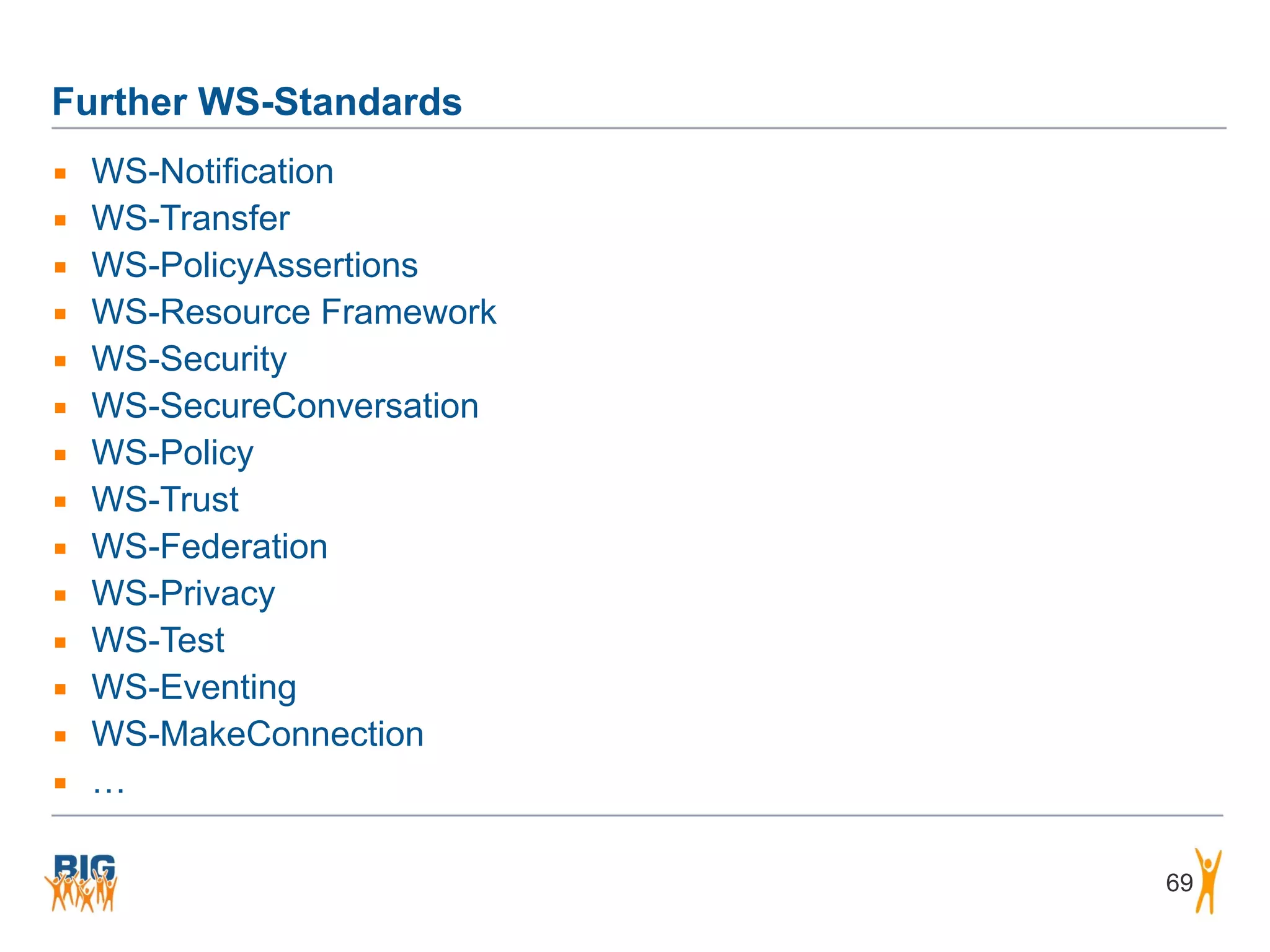 Further WS-Standards
69
▪ WS-Notification
▪ WS-Transfer
▪ WS-PolicyAssertions
▪ WS-Resource Framework
▪ WS-Security
▪ WS-SecureConversation
▪ WS-Policy
▪ WS-Trust
▪ WS-Federation
▪ WS-Privacy
▪ WS-Test
▪ WS-Eventing
▪ WS-MakeConnection
▪ …
 