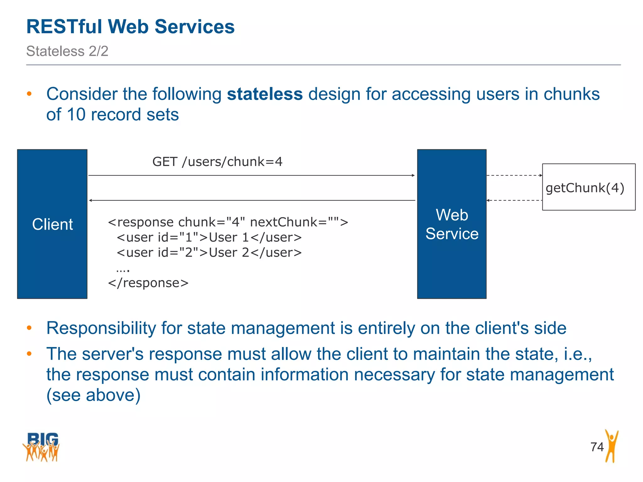 RESTful Web Services
74
Stateless 2/2
• Consider the following stateless design for accessing users in chunks
of 10 record sets
Web
Service
Client
GET /users/chunk=4
<response chunk="4" nextChunk="">
<user id="1">User 1</user>
<user id="2">User 2</user>
….
</response>
getChunk(4)
• Responsibility for state management is entirely on the client's side
• The server's response must allow the client to maintain the state, i.e.,
the response must contain information necessary for state management
(see above)
 