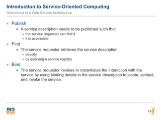 Introduction to Service-Oriented Computing
Operations in a Web Service Architecture
▪ Publish
▪ A service description needs to be published such that
▪ the service requestor can find it
▪ it is accessible
▪ Find
▪ The service requestor retrieves the service description
▪ directly
▪ by querying a service registry
▪ Bind
▪ The service requestor invokes or instantiates the interaction with the
service by using binding details in the service description to locate, contact,
and invoke the service.
19
 