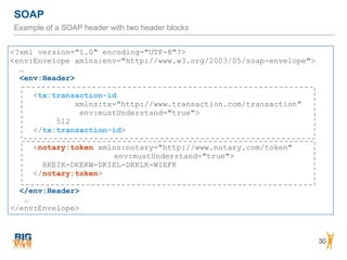 SOAP
30
Example of a SOAP header with two header blocks
<?xml version="1.0" encoding="UTF-8"?> 
<env:Envelope xmlns:env="http://www.w3.org/2003/05/soap-envelope">
…
<env:Header> 
<tx:transaction-id  
xmlns:tx="http://www.transaction.com/transaction"  
env:mustUnderstand="true">
512
</tx:transaction-id> 
<notary:token xmlns:notary="http://www.notary.com/token"
env:mustUnderstand="true">
RKEIK-DKEKW-DKIEL-DKKLK-WIEFK
</notary:token> 
</env:Header>
…
</env:Envelope>
 