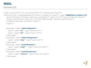 WSDL
Example (2/5)
<?xml version="1.0" encoding="UTF-8" standalone="yes"?>
<definitions targetNamespace="http://endpoint.myws/" name="MyWebServiceService"
xmlns="http://schemas.xmlsoap.org/wsdl/" xmlns:tns="http://endpoint.myws/"
xmlns:xsd="http://www.w3.org/2001/XMLSchema" xmlns:soap="http://
schemas.xmlsoap.org/wsdl/soap/">
<types/>
<message name="addIntRequest">
<part name="n1" type="xsd:int"/>
<part name="n2" type="xsd:int"/>
</message>
<message name="addIntResponse">
<part name="sum" type="xsd:int"/>
</message>
<message name="greetRequest">
<part name="arg0 " type="xsd:string"/>
</message>
<message name="greetResponse">
<part name="return" type="xsd:string"/>
</message>
51
 