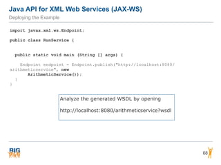 Java API for XML Web Services (JAX-WS)
Deploying the Example
68
import javax.xml.ws.Endpoint;
public class RunService {
public static void main (String [] args) {
Endpoint endpoint = Endpoint.publish("http://localhost:8080/
arithmeticservice", new  
ArithmeticService());
}
}
Analyze the generated WSDL by opening 
 
http://localhost:8080/arithmeticservice?wsdl
 