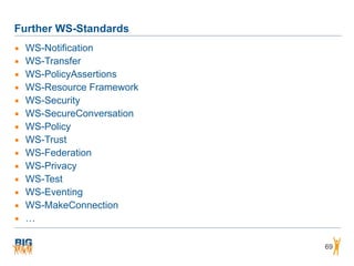 Further WS-Standards
69
▪ WS-Notification
▪ WS-Transfer
▪ WS-PolicyAssertions
▪ WS-Resource Framework
▪ WS-Security
▪ WS-SecureConversation
▪ WS-Policy
▪ WS-Trust
▪ WS-Federation
▪ WS-Privacy
▪ WS-Test
▪ WS-Eventing
▪ WS-MakeConnection
▪ …
 